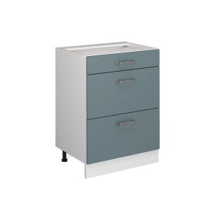 Vicco Küchenunterschrank R-Line, 60 cm, blau-graue Front, weißer Korpus, mit 3 Schubladen.