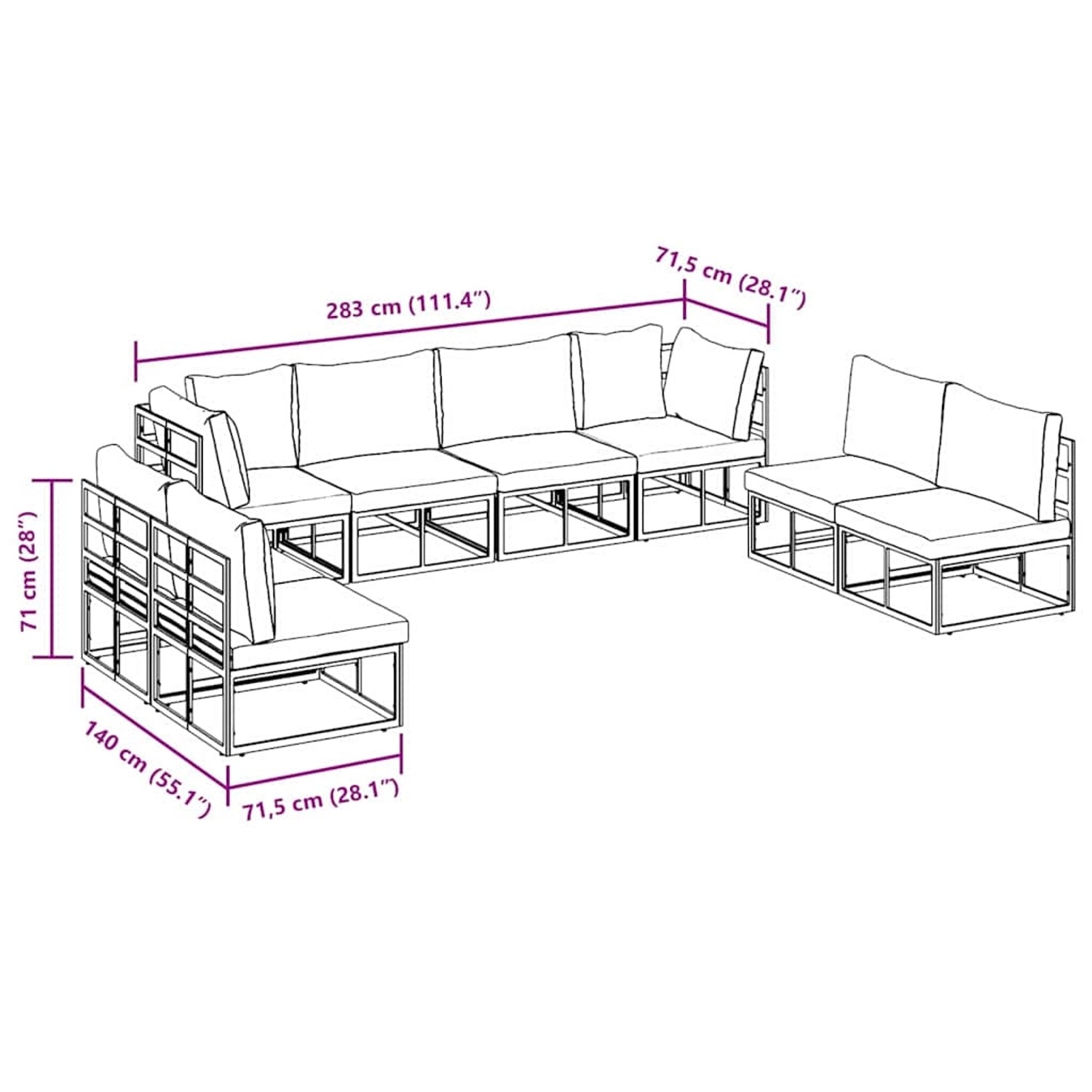 vidaXL Garten-Sofa-Set, 8-teilig, schwarz, Aluminium, mit Kissen. Modulares Lounge-Set für Garten und Terrasse.