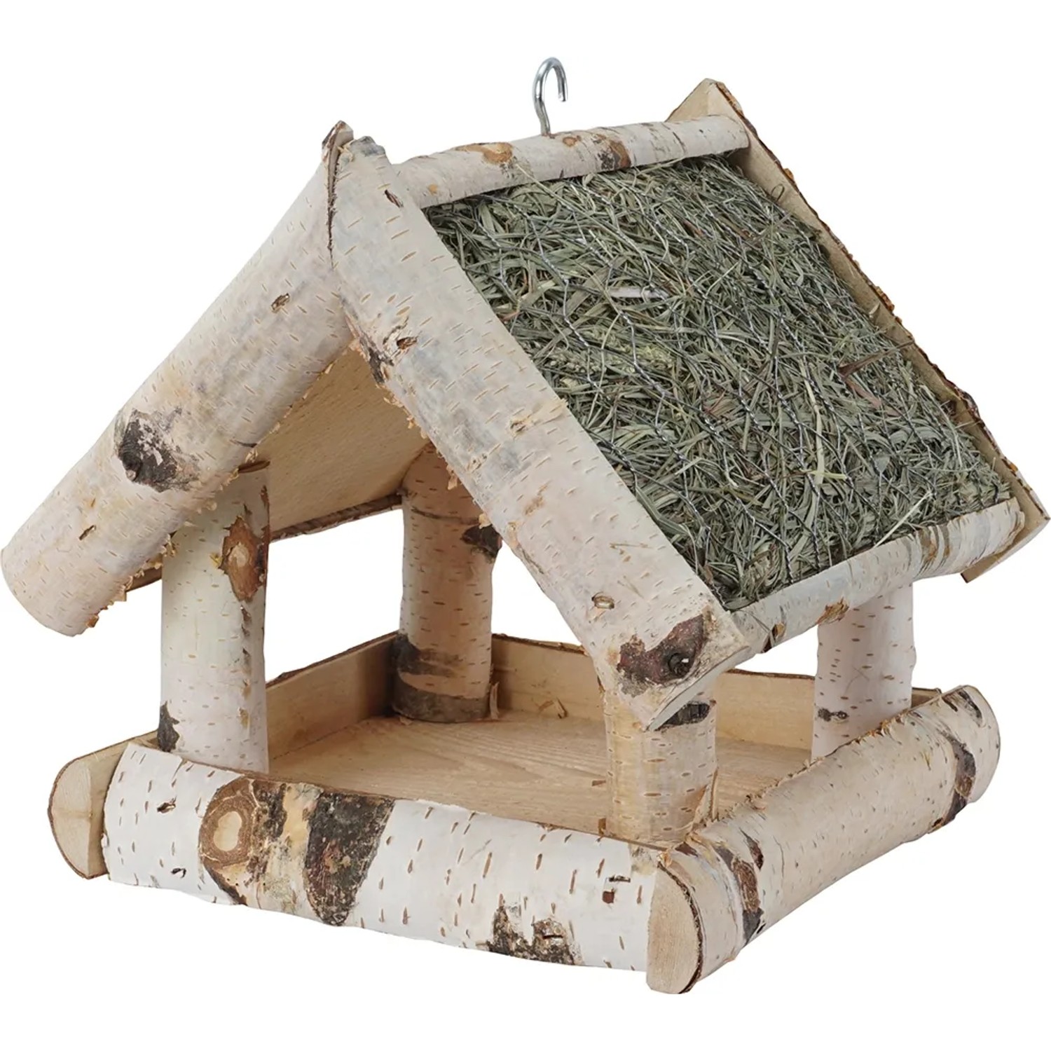 Kleines Vogelfutterhaus aus Birke mit Heudach, 25x25x26 cm, für Wildvögel.