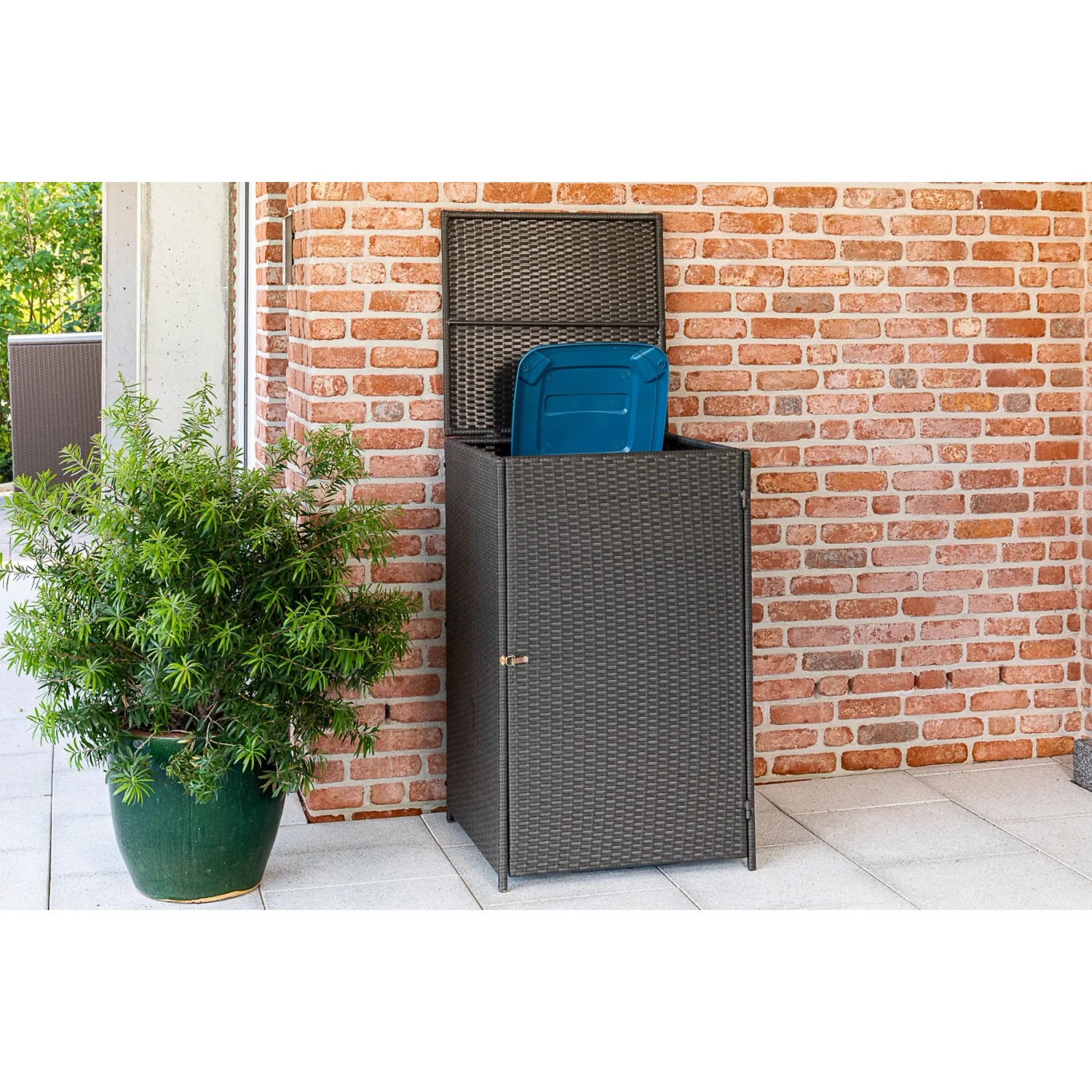 Graue Merxx Mülltonnenbox aus Kunststoffgeflecht für eine 80-120 Liter Tonne.