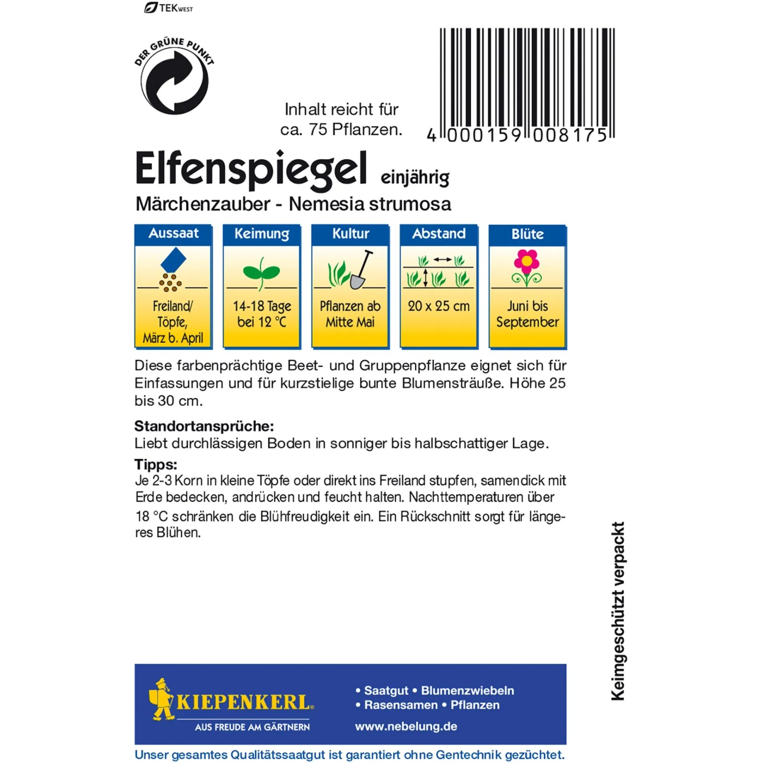 Kiepenkerl Elfenspiegel Märchenzauber Blumensamen Packung mit Infos zu Aussaat, Keimung, Kultur, Abstand und Blüte.