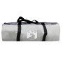 Graue Polyester-Tragetasche für Poolzelt, mit schwarzen Griffen und weißem Logo.