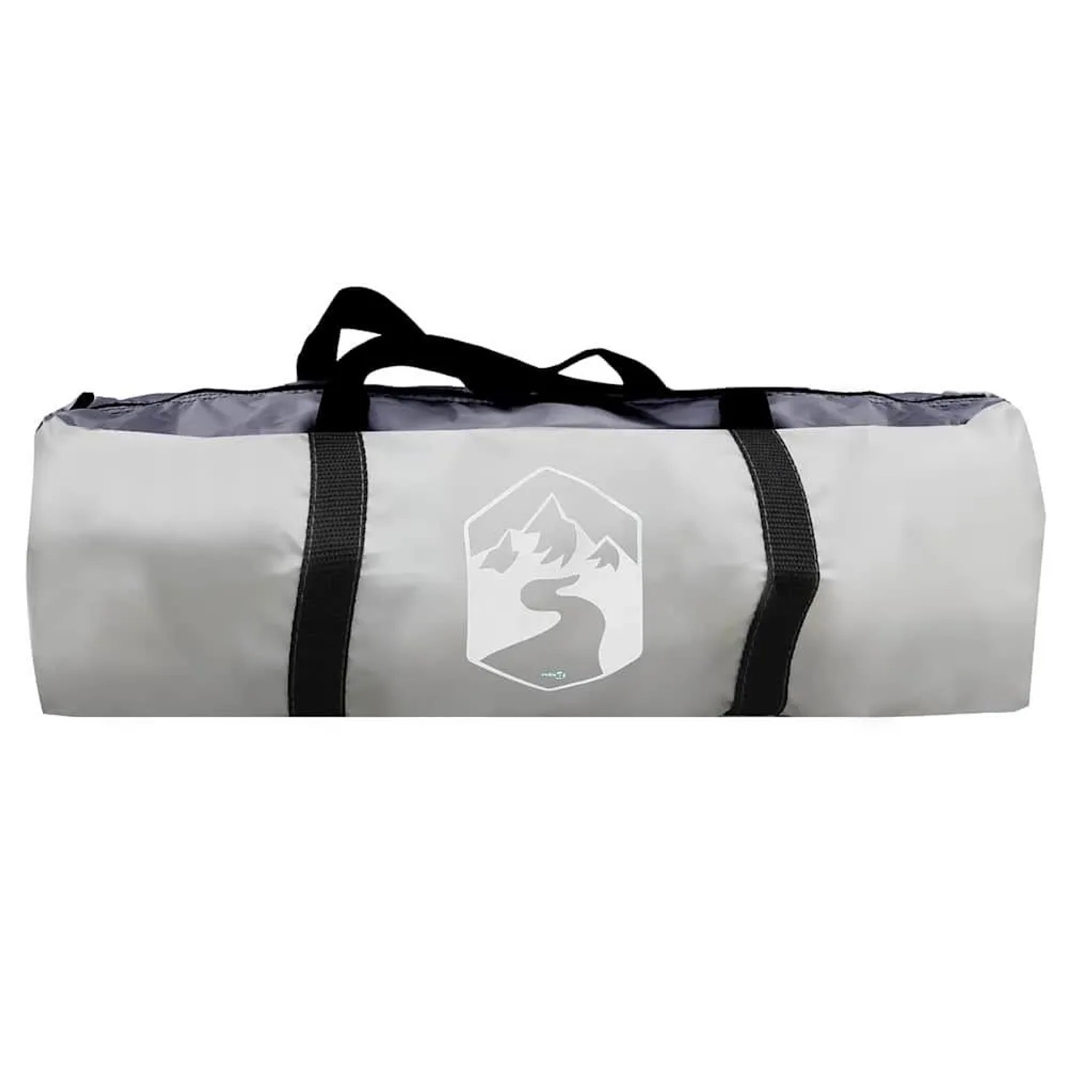 Graue Polyester-Tragetasche für Poolzelt, mit schwarzen Griffen und weißem Logo.