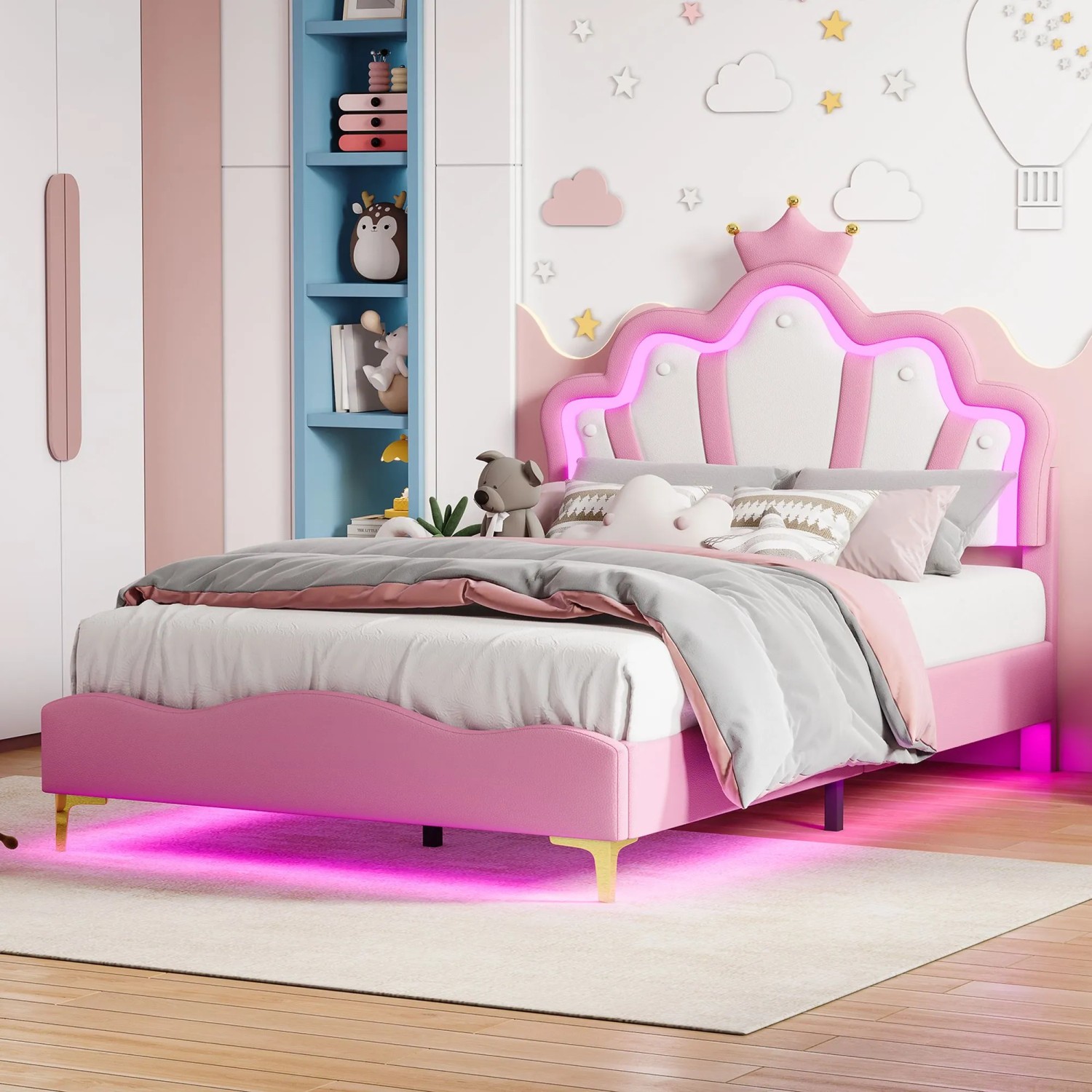 PXloue Kinderbett 90x190 cm RosaLED-Kinderbett mit Verstellbarem KopfteilPU-Polsterbett_6