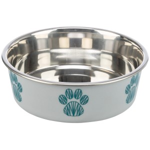 Jollypaw Hundenapf aus Edelstahl mit Kunststoffmantel und Pfotenmuster.
