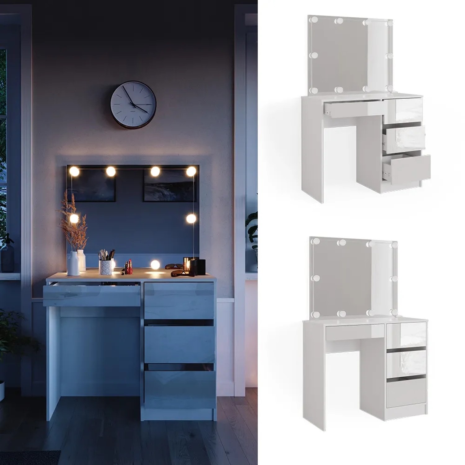 Weißer Vicco Schminktisch Sherry 90 cm mit LED-Beleuchtung und Spiegel.