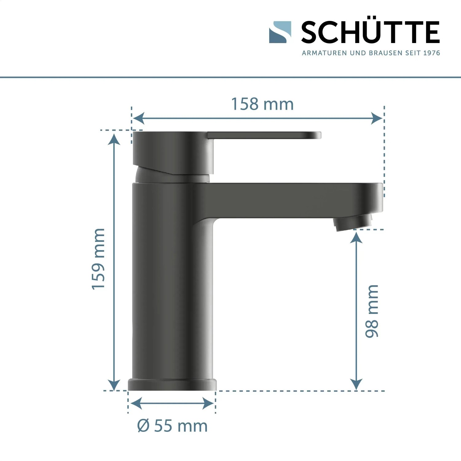 Schütte Waschtischarmatur Elephant, Graphit matt, mit Maßangaben.
