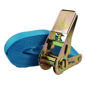 Blauer TRUTZHOLM Ratschen Spanngurt, 4 m lang, mit stabiler Ratsche für Ladungssicherung.