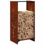 vidaXL Brennholzregal aus wetterfestem Stahl, 80 cm hoch, mit Baum-Design, gefüllt mit Holzscheiten.