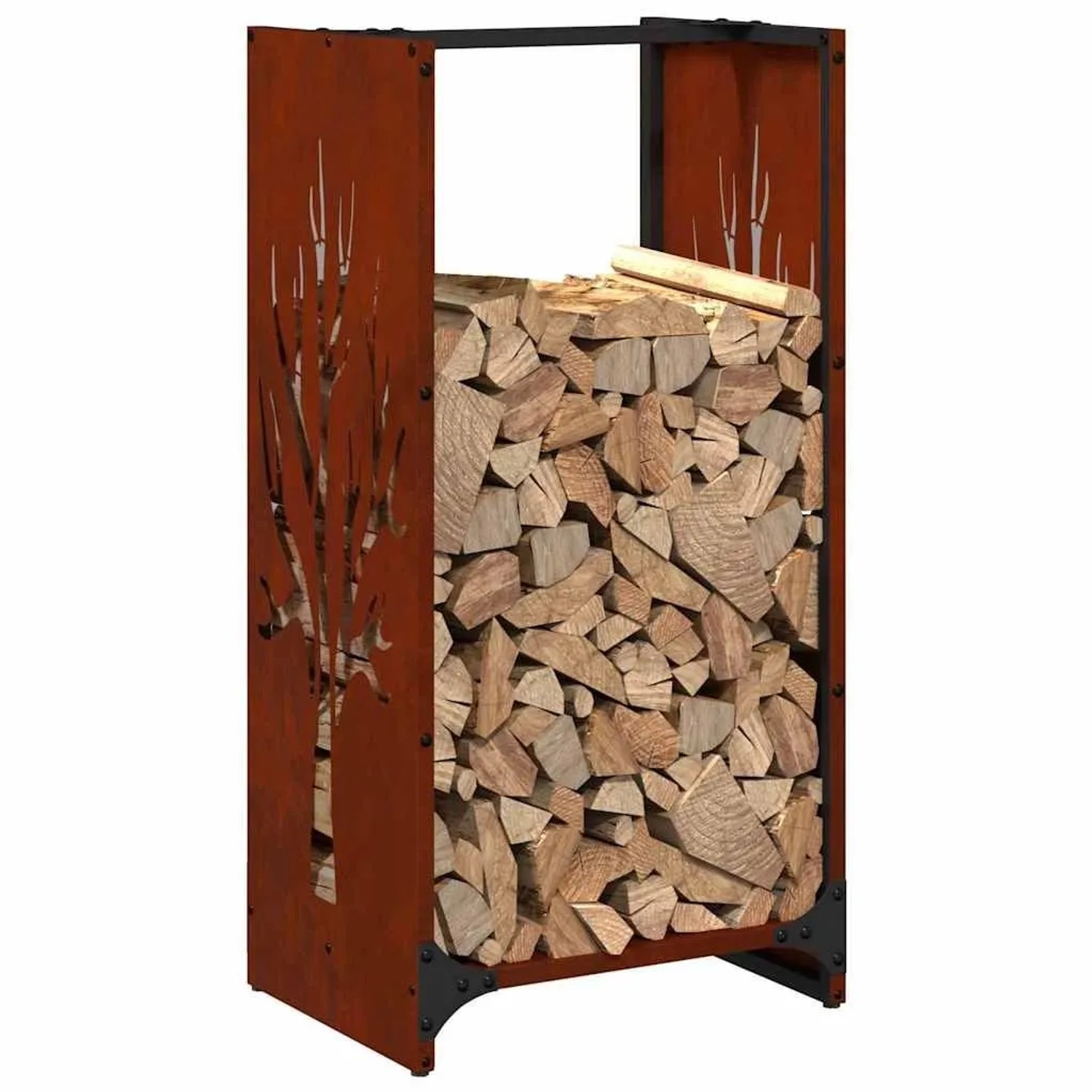 vidaXL Brennholzregal aus wetterfestem Stahl, 80 cm hoch, mit Baum-Design, gefüllt mit Holzscheiten.
