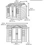 Skizze: Lifetime Gerätehaus Sky, 7,4 m², Maße für Breite, Höhe, Tiefe. Ideal für Gartenwerkzeug.
