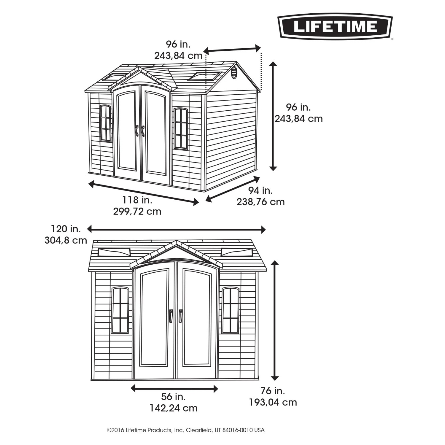 Skizze: Lifetime Gerätehaus Sky, 7,4 m², Maße für Breite, Höhe, Tiefe. Ideal für Gartenwerkzeug.