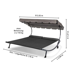 Leco Doppelliege Anthrazit mit Sonnendach und Maßen. Gartenliege für 2 Personen.