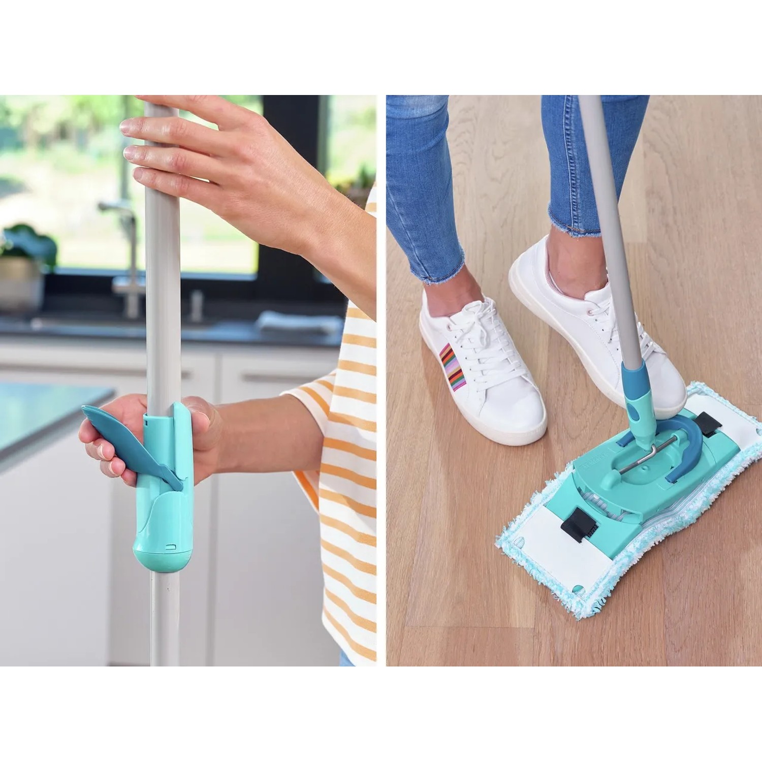 Leifheit Clean Twist M Ergo Bodenwischer-Set mit Schleuderfunktion und Wischbezug im Einsatz.