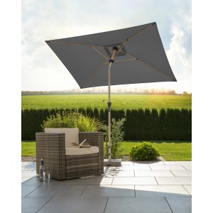Schneider Marktschirm, 230x150 cm, anthrazit, mit Knickfunktion, auf Terrasse mit Sessel.