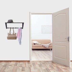 Relaxdays Wandgarderobe Stahl Schwarz mit 5 Haken und Ablage 23 cm x 65 cm x 25 cm 1,5 kg