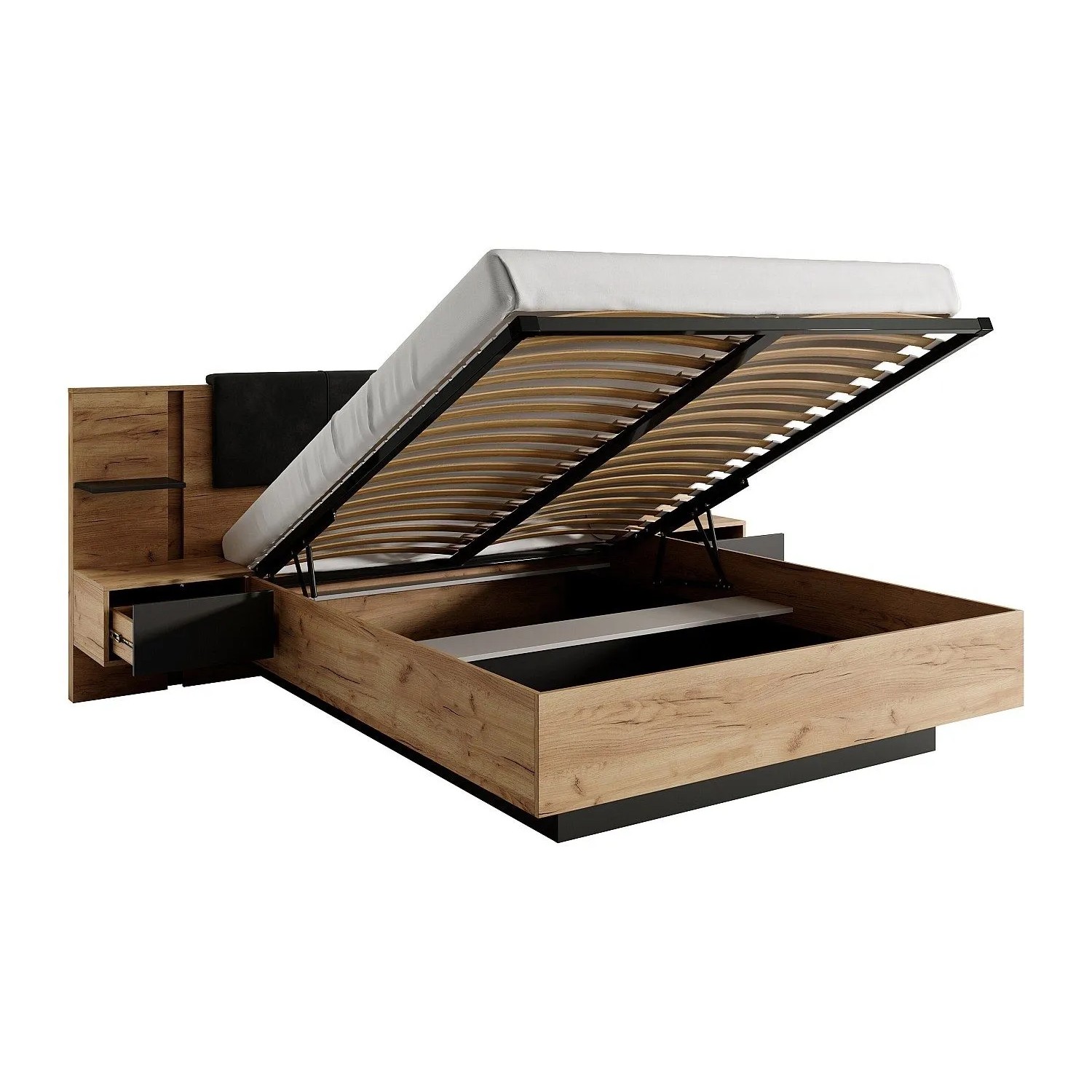 Vente-unique Bett Mit Bettkasten Elynia Anthrazitgrau  Naturfarben Hell 236.4 cm