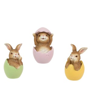 Drei bunte Osterhasenfiguren aus Polyresin in gebrochenen Eiern (grün, rosa, gelb) als Frühlingsdekoration.
