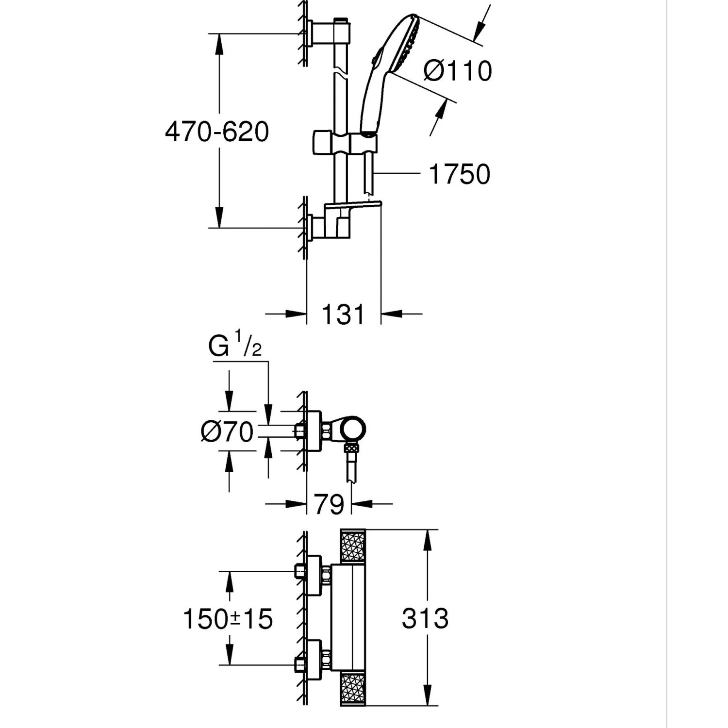 Technische Zeichnung Grohe Precision Feel Brausegarnitur mit Thermostat und Maßangaben.