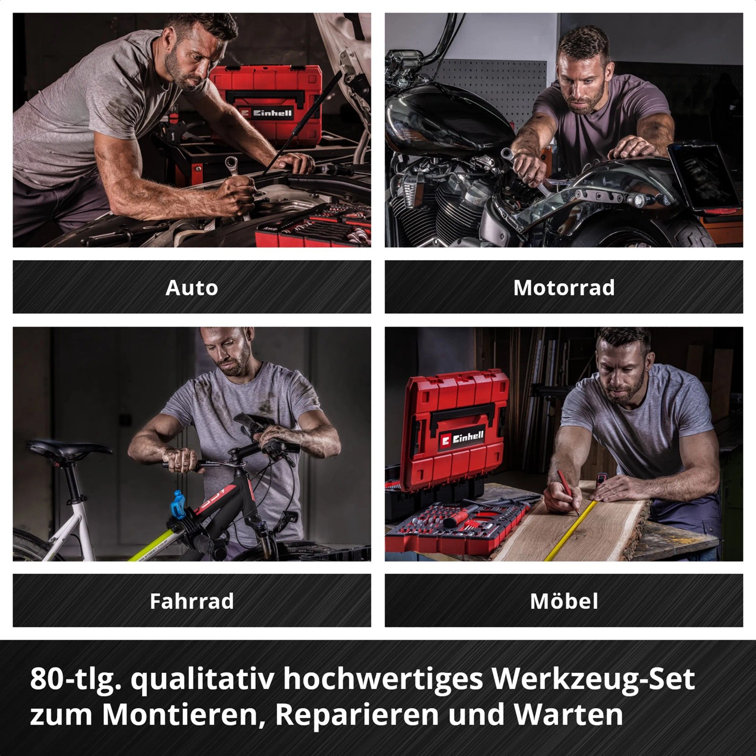 Mann nutzt Einhell 80tlg Universal Werkzeugkoffer für Reparaturen an Auto, Motorrad, Fahrrad und Möbel. Vielseitiges E CASE Set.