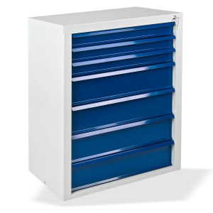 PROREGAL Schubladenschrank Kobra, lichtgrau/blaue Stahlausführung mit 7 Schubladen.