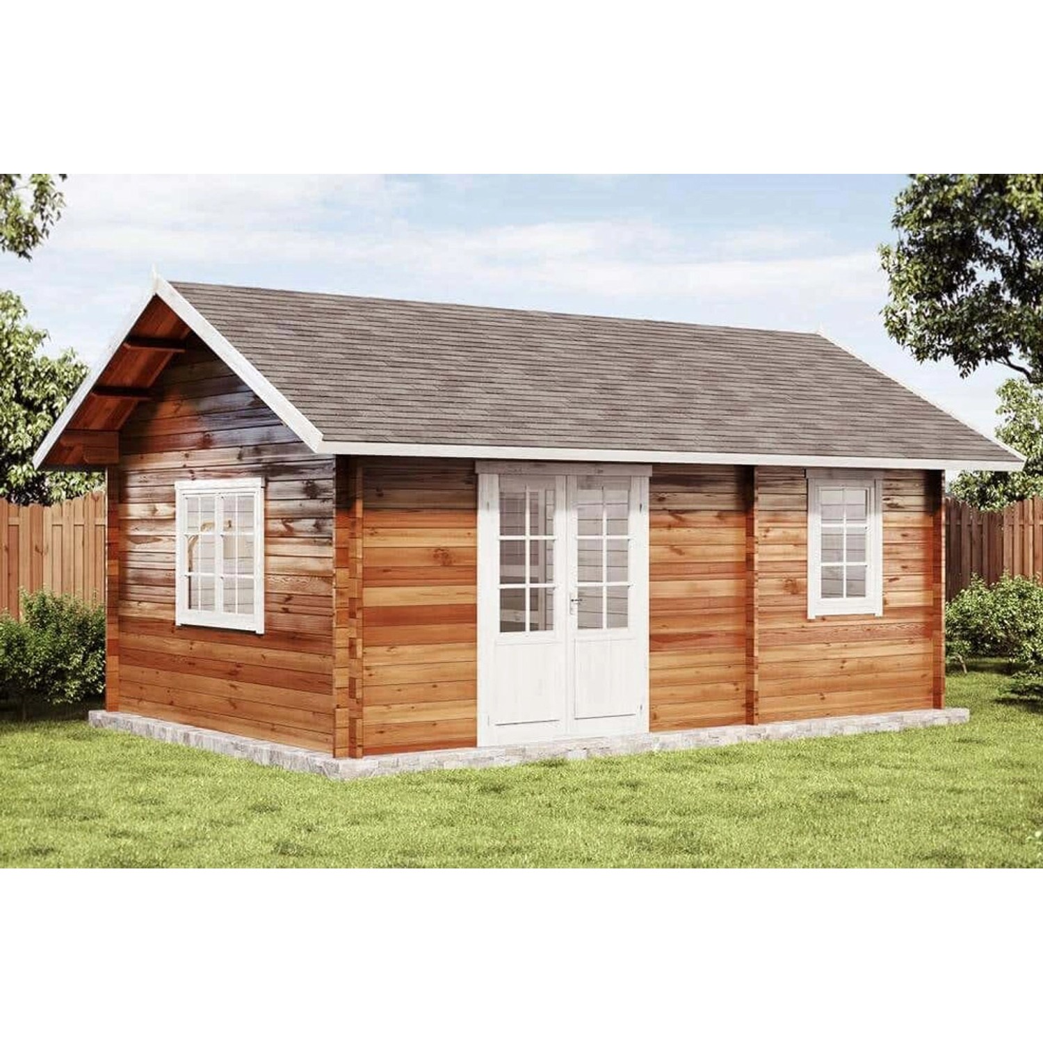 Braunes Alpholz Gartenhaus Arizona mit Satteldach und weißen Fenstern und Türen.