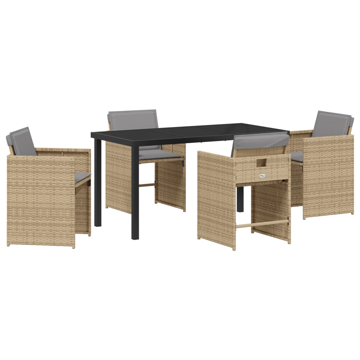 5-teiliges Garten Ess-Set mit beigen Poly Rattan Stühlen und Tisch mit grauen Kissen.