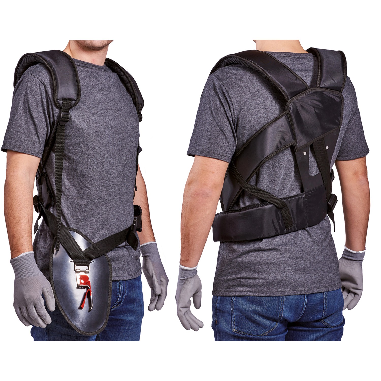 Einhell Tragegurt für Akku-Sense Agillo, Front- und Rückansicht, für komfortables Arbeiten.