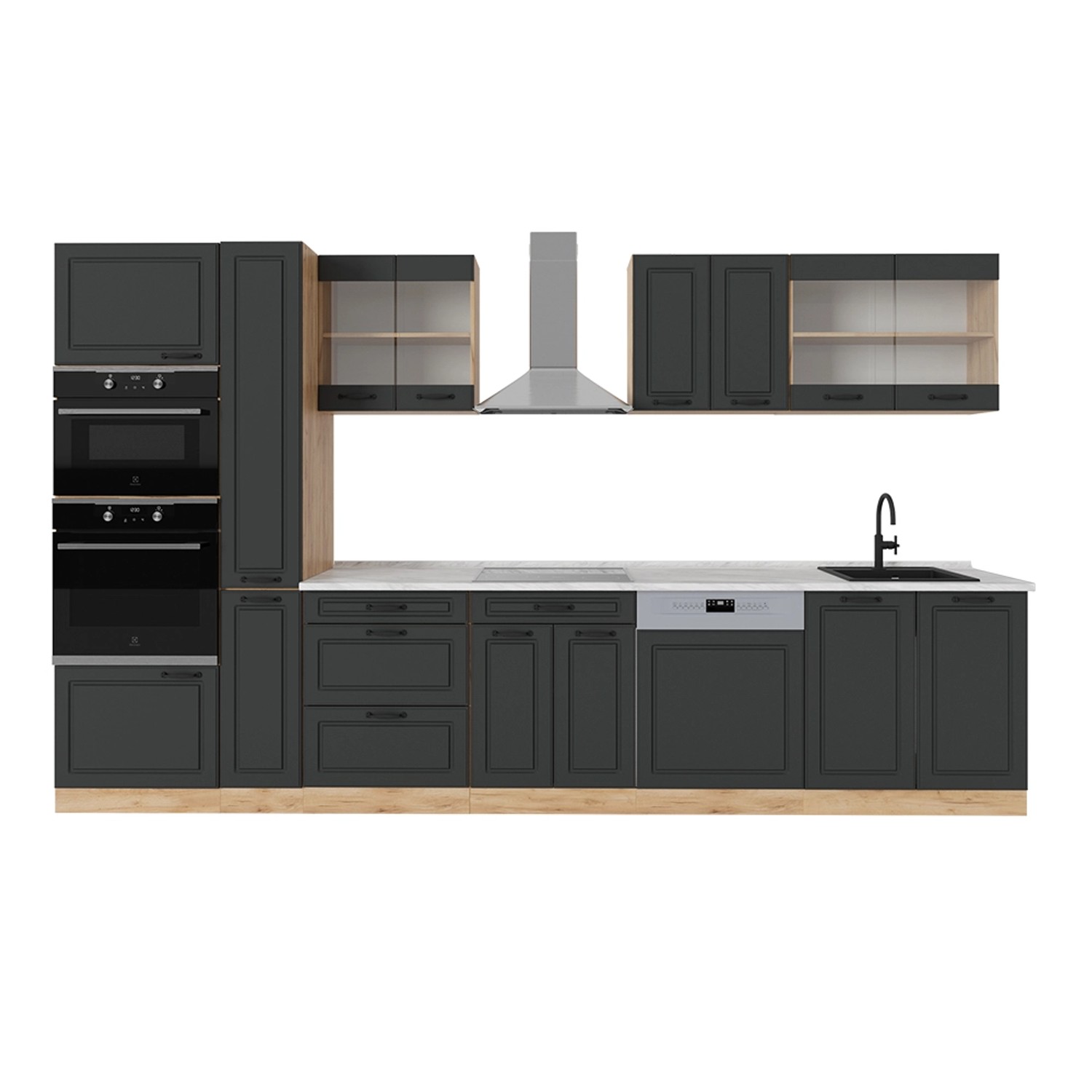 Vicco R-Line Küchenzeile Anthrazit Landhaus/Goldkraft Eiche 350 cm AP Marmo günstig online kaufen