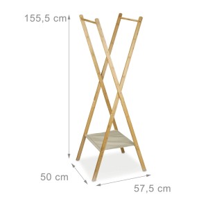 Klappbarer Bambus Kleiderständer mit 2 Stangen und Stoffablage, Natur. Maße: 155,5x50x57,5 cm. Ideal für Garderobe.