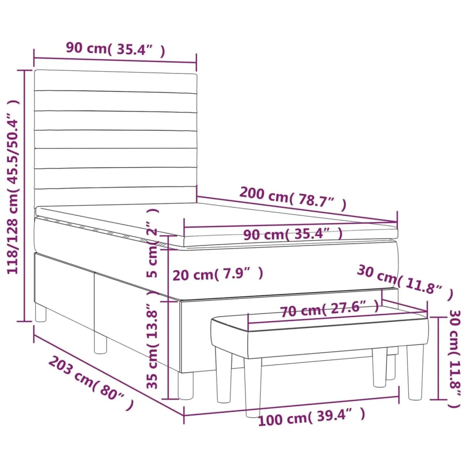 vidaXL Boxspringbett hellgrau (90x200 cm) mit Matratze und Bank, Stoffbezug.