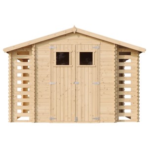 Timbela Gartenhaus M391 aus Holz mit 2 Brennholzregalen, 5,47m² Grundfläche.