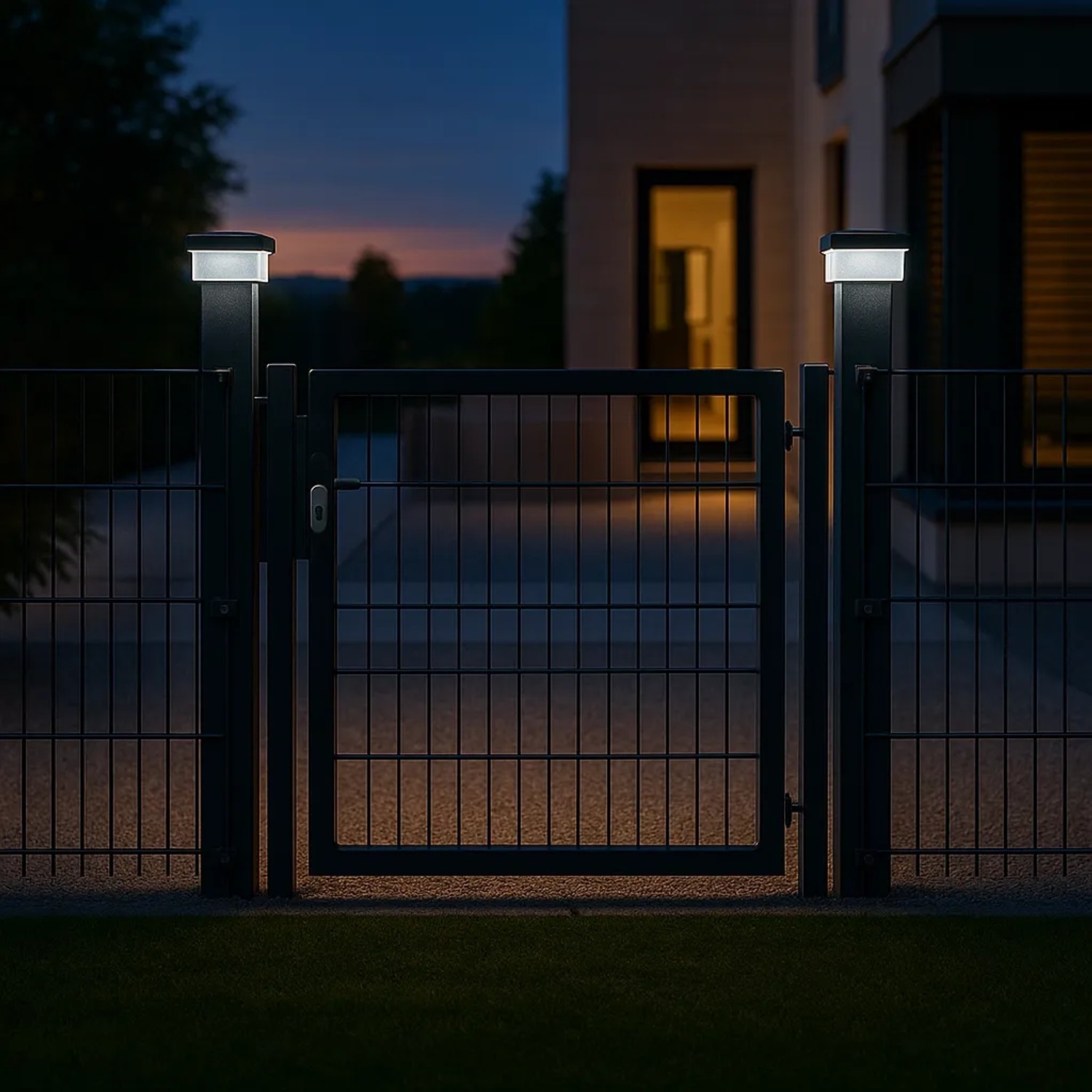 Zwei Solar Zaunleuchten auf 80x80 Zaunpfosten beleuchten ein Stabmattenzaun Tor bei Dämmerung.