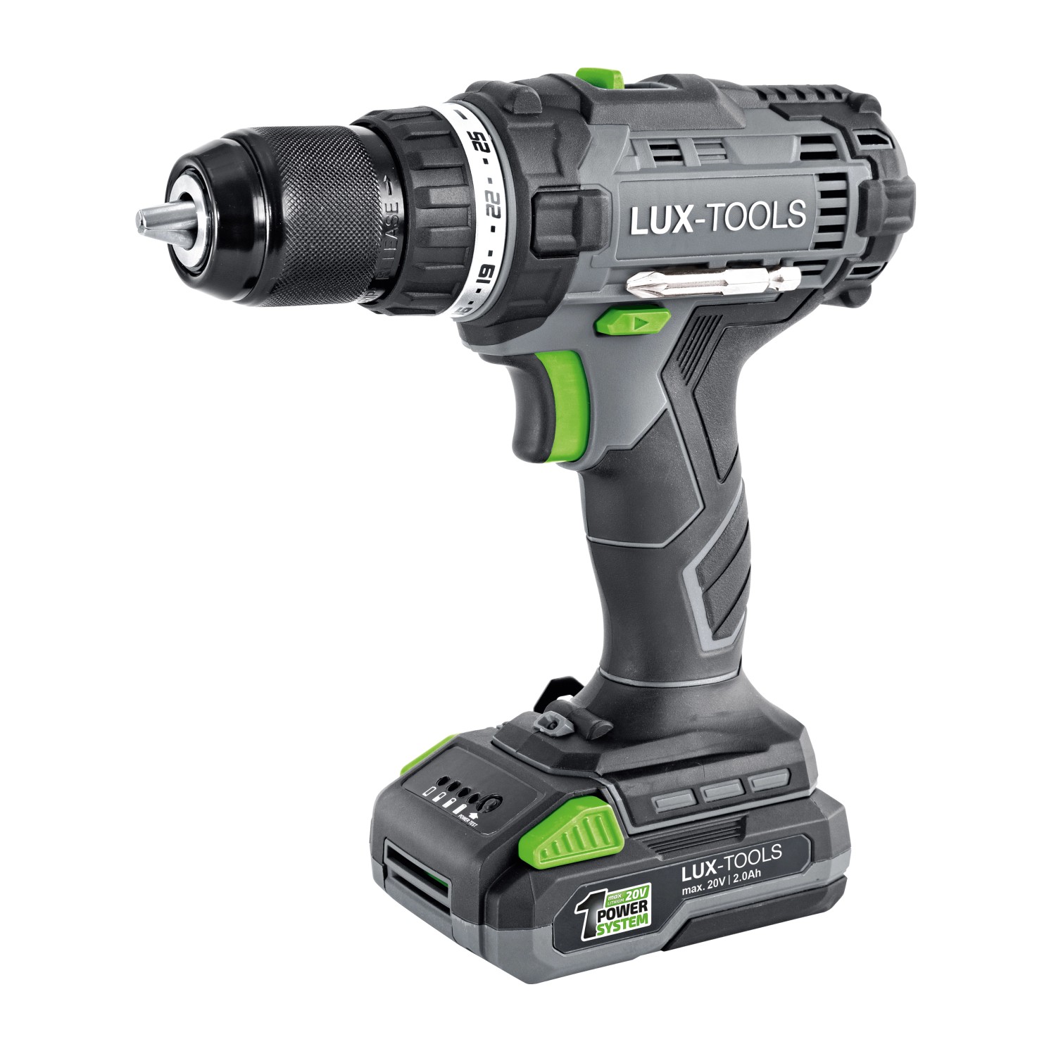 LUX 20V Akku-Bohrschrauber mit Akku und Bohrfutter, ideal für Schraub- und Bohrarbeiten.