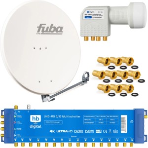Komplettes hb-digital SAT Anlage Set: weiße Fuba 80cm Satellitenschüssel, Quattro LNB, blauer Multischalter MS 5/16 für UHD/4K.