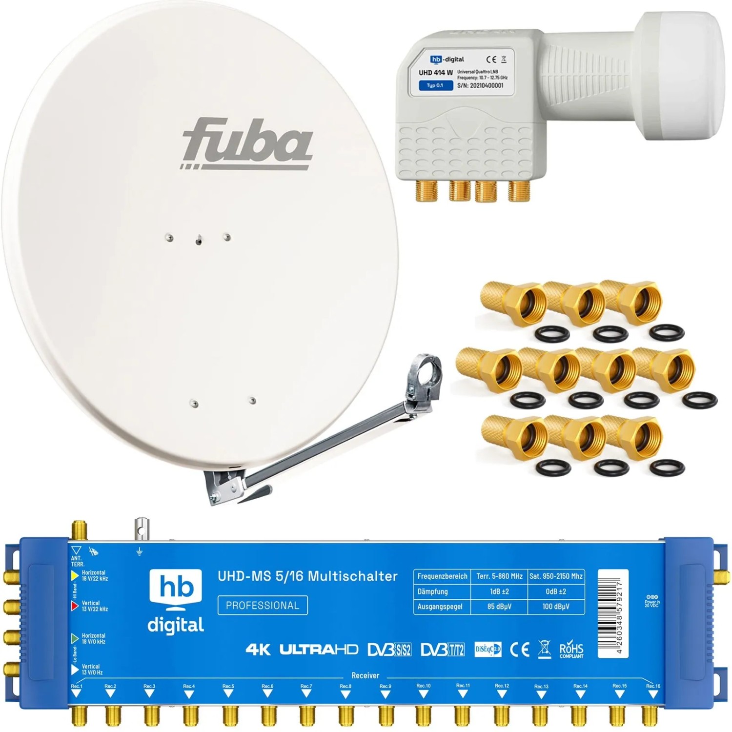 hb-digital SAT Anlage Fuba DAL 800 80cm mit Multischalter MS 5/16 und Quattro LNB Weiss