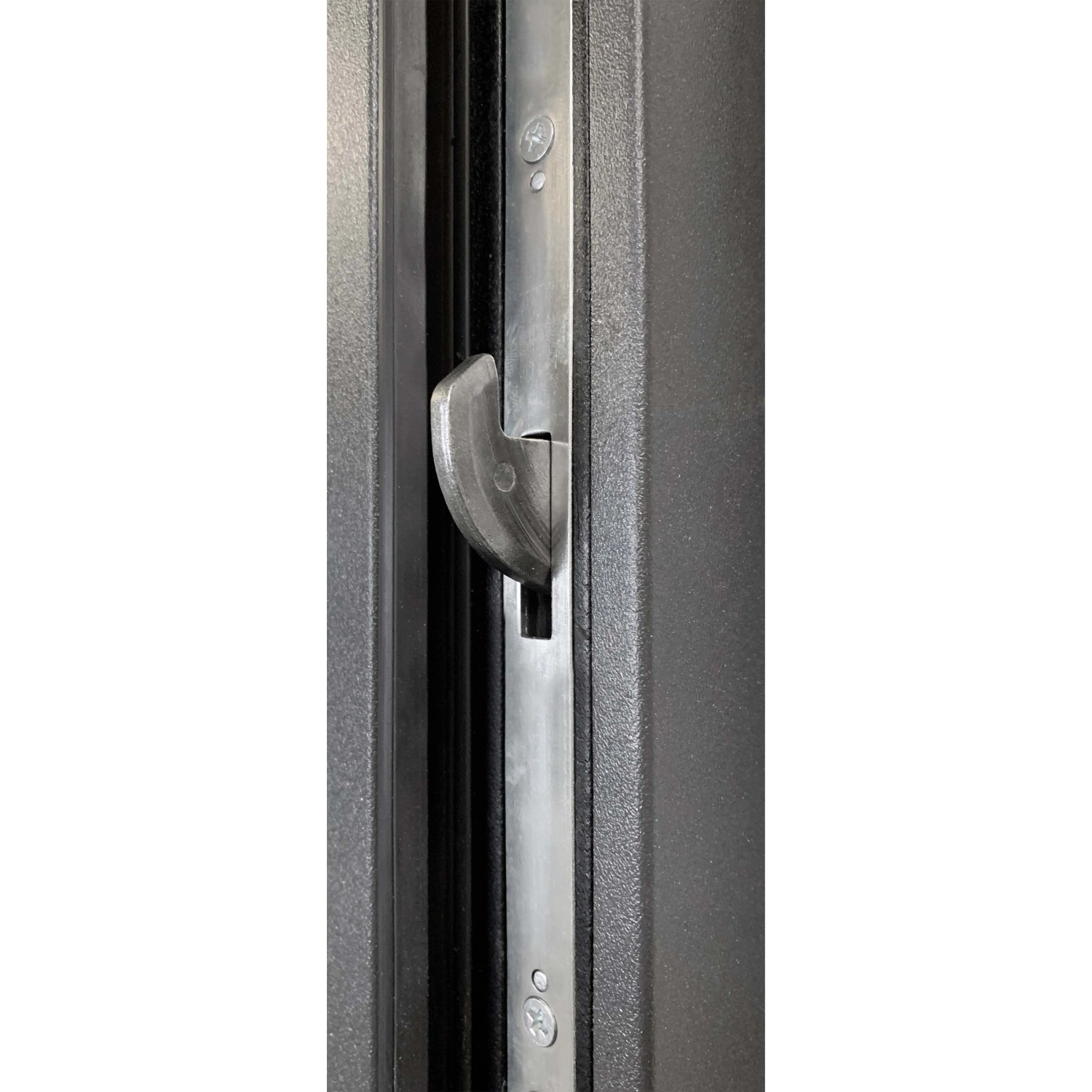 Detailaufnahme des Schwenkhakens einer weißen Stahl-Nebeneingangstür.