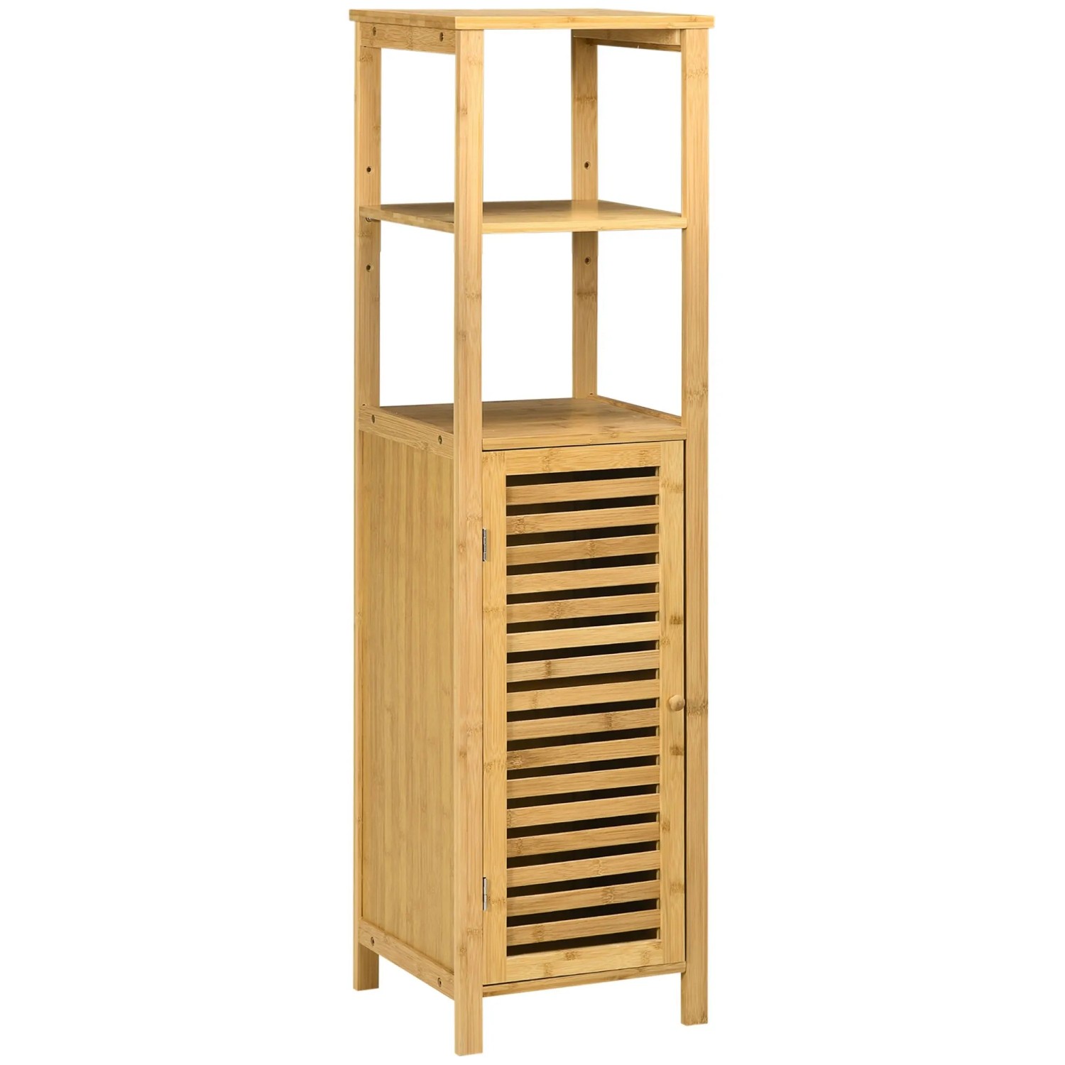 Kleankin Badkommode Badschrank mit Tür, zwei offene Ablagen, Bambus, Hochschrank (Badezimmerschrank, 1 St., Badezimmermöbel), für Badezimmer, 33 x 30 x 120 cm Naturholz