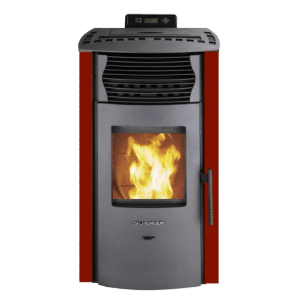 Roter SCHENGER Pelletofen HP51 mit Flamme, 8,8kW, A+, WIFI, ECO, Timer.