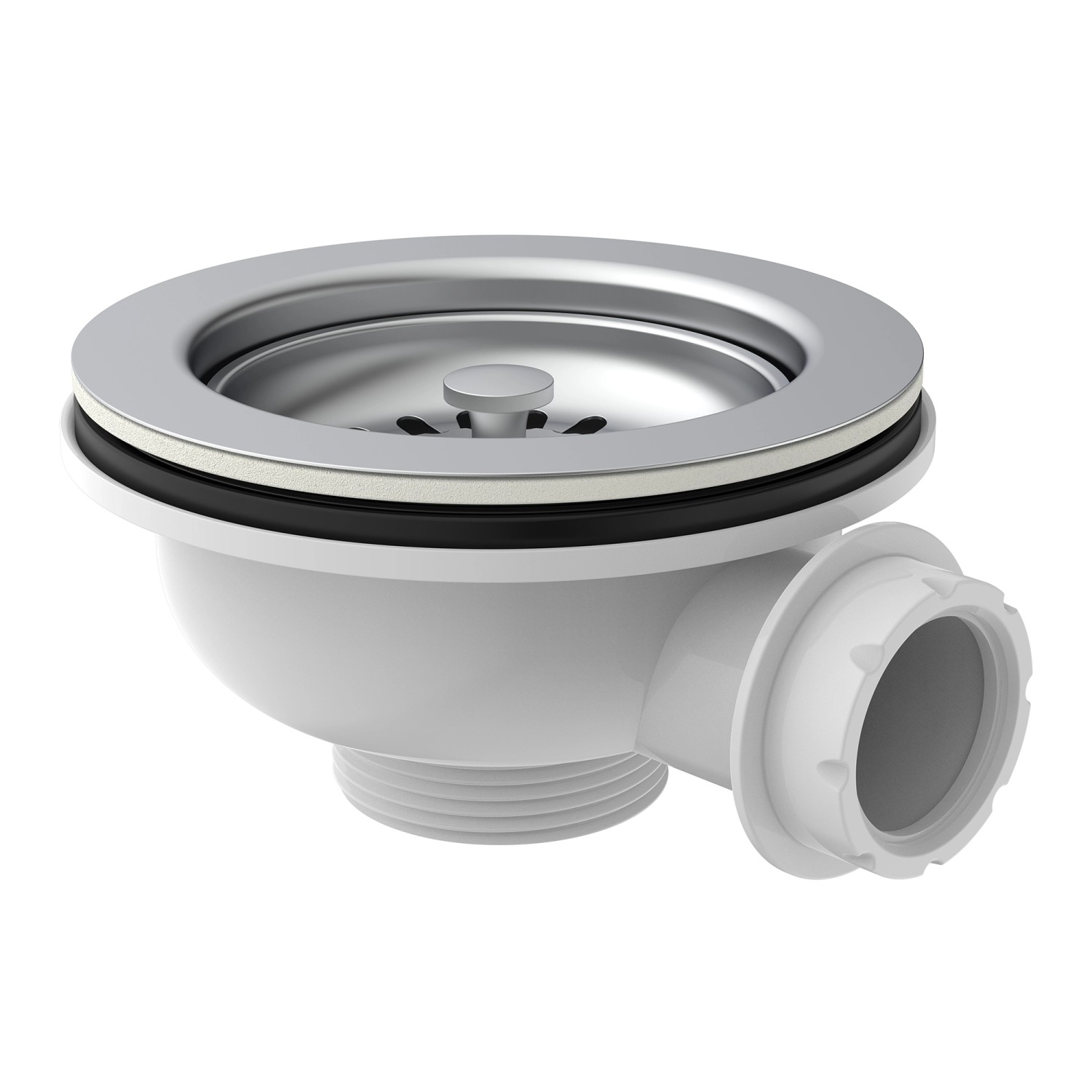 Kirchhoff Korbventil mit Edelstahl-Sieb (Ø 114mm) und weißem Ventilkelch für Spüle.