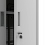 Grauer Jan Compact Metall-Aktenschrank mit Zylinderschloss und Schlüssel. Eine Tür offen, Aktenordner sichtbar.