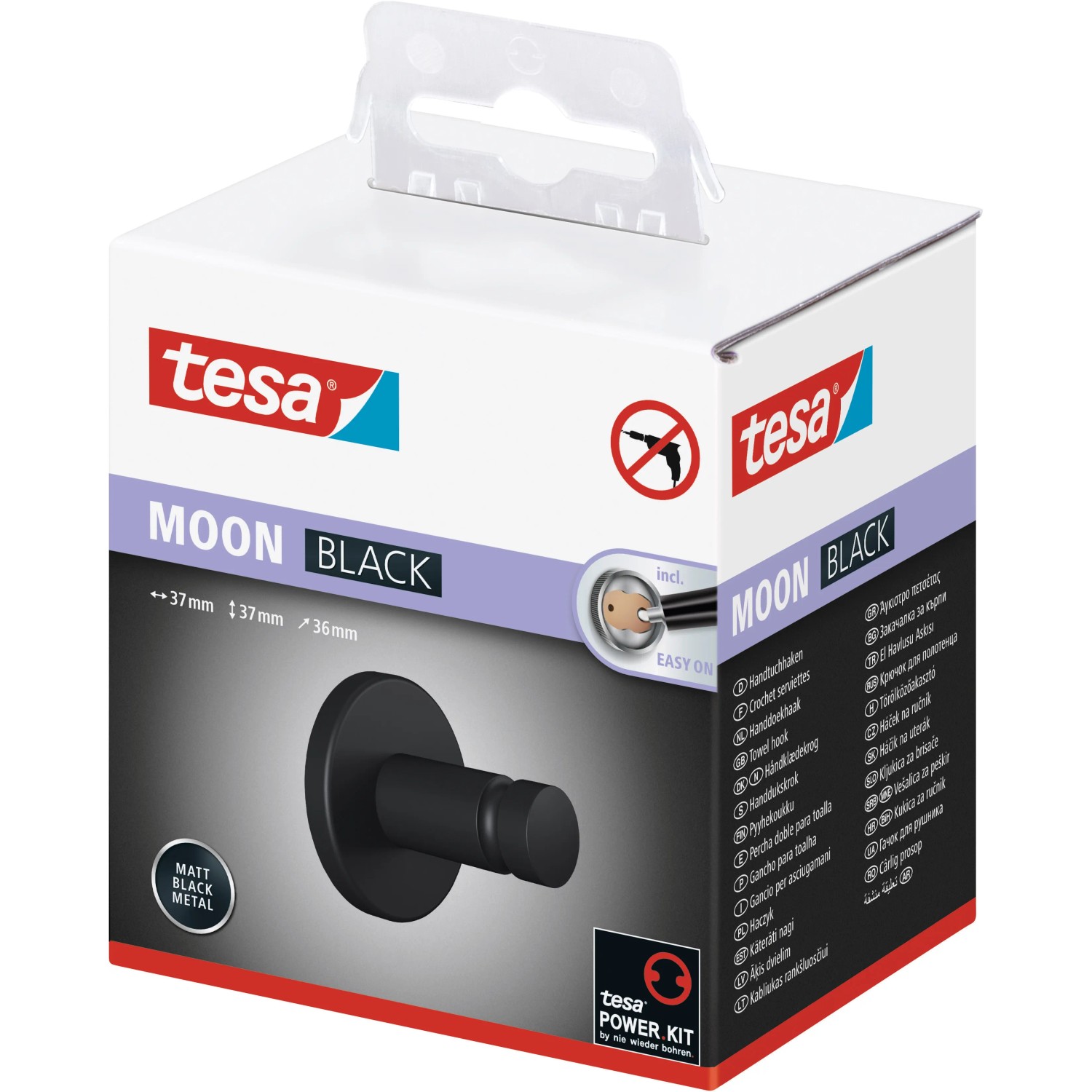 Verpackung des schwarzen Tesa Moon Handtuchhakens mit Klebelösung. Rostfreier, matter Handtuchhalter für Bad & Küche.