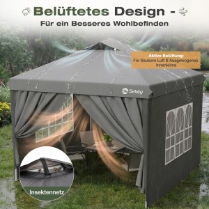 Grauer Sekey Faltpavillon 3x3m mit 4 Seitenteilen. Belüftetes, wasserdichtes Pop Up Partyzelt mit Insektennetz für Garten & Outdoor.