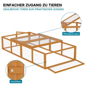 Wiltec XXL Freilaufgehege aus Holz mit Gitter, aufklappbarem Dach und Verschluss für Kaninchen und Nager.