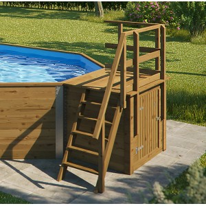 Weka Holzpool Sparset: Holzpool mit Leiter und Technikraum im Garten.