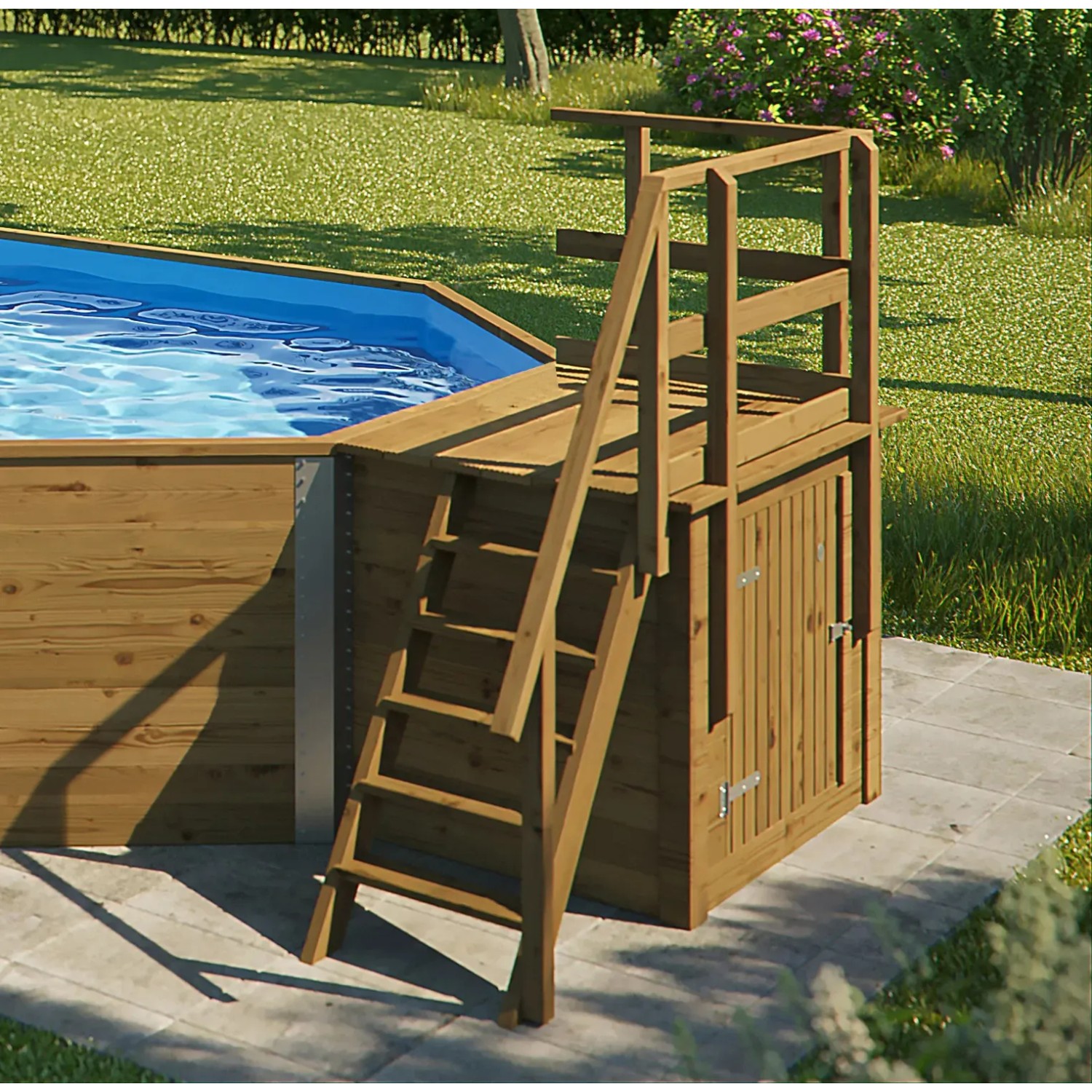 Weka Holzpool Sparset: Holzpool mit Leiter und Technikraum im Garten.