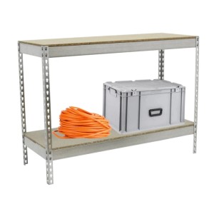 Verzinktes PROREGAL Schwerlastregal Mini Wood Yeti mit orangem Kabel und grauer Box.