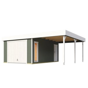 Lasita Garage Bahamas Set mit Schwingtor, 660x540 cm, grau-grün mit Carport und Nebentür.