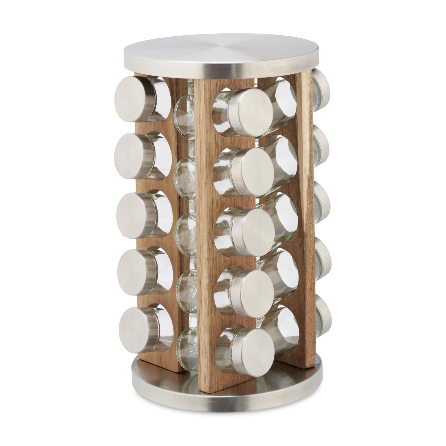 Relaxdays Gewürzkarussell mit 20 Gläsern Edelstahl Holz Silber Natur Drehbar 34 cm x 19,5 cm 2,9 kg
