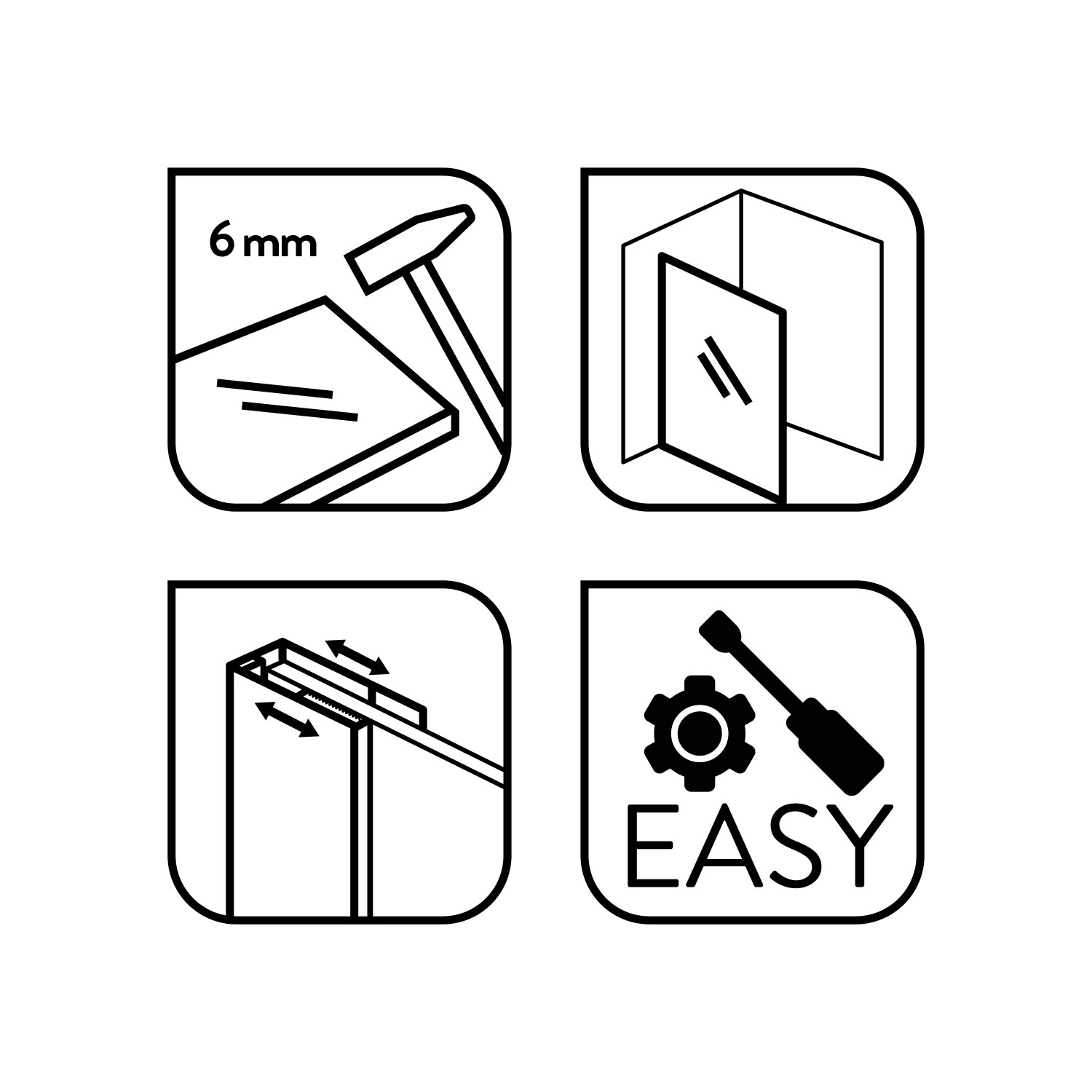 Piktogramme zur baliv Walk-In Duschabtrennung: Glasstärke, Montage, Verstellbarkeit, einfache Installation.